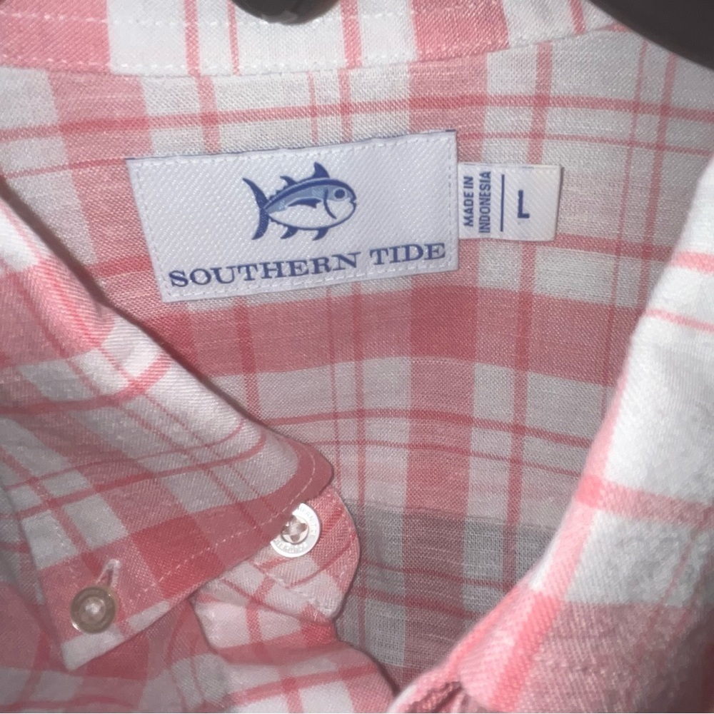Southern Tide Flamingo Pink Plaid button shirt, Hemp Blend, Size Large, NEW - Picture 3 of 4